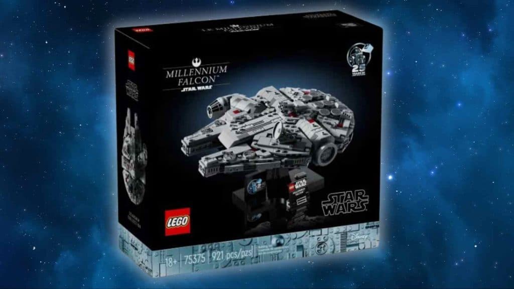 The LEGO Star Wars 25th anniversary Millennium Falcon on a galaxy background