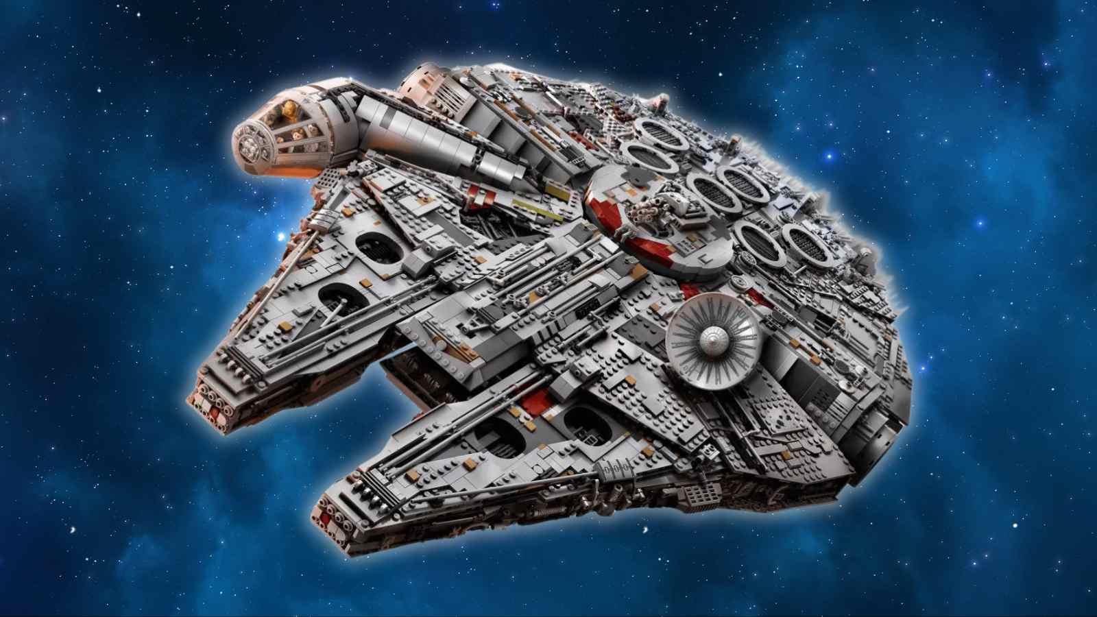 The LEGO Star Wars Ultimate Collector Series Millennium Falcon on a galaxy background