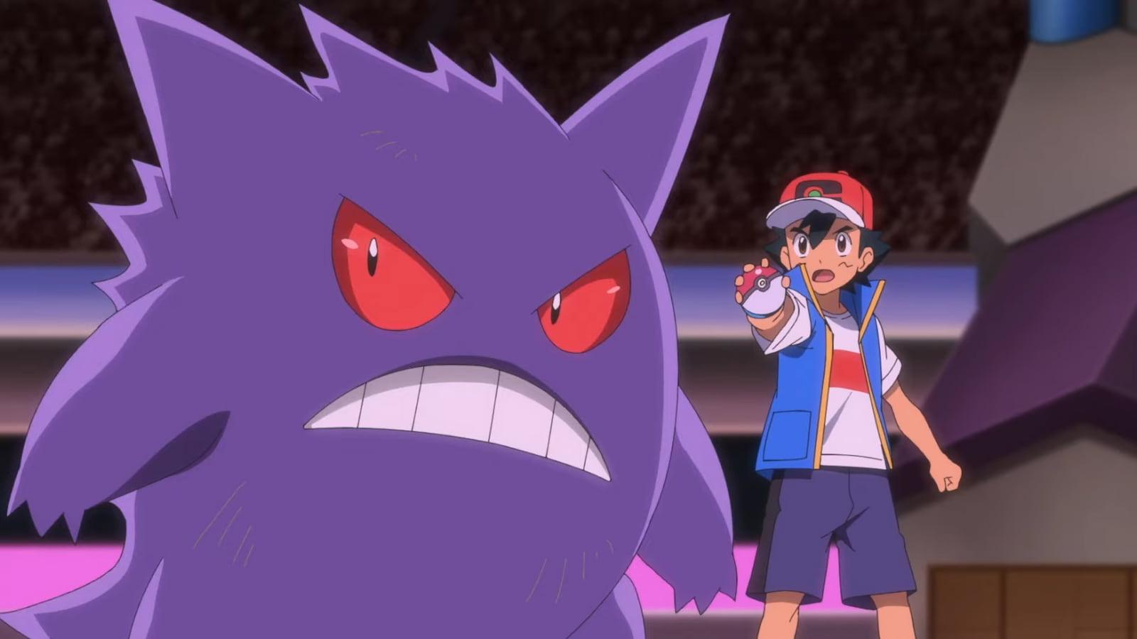 Ash and Gengar just about to battle in the Pokemon anime