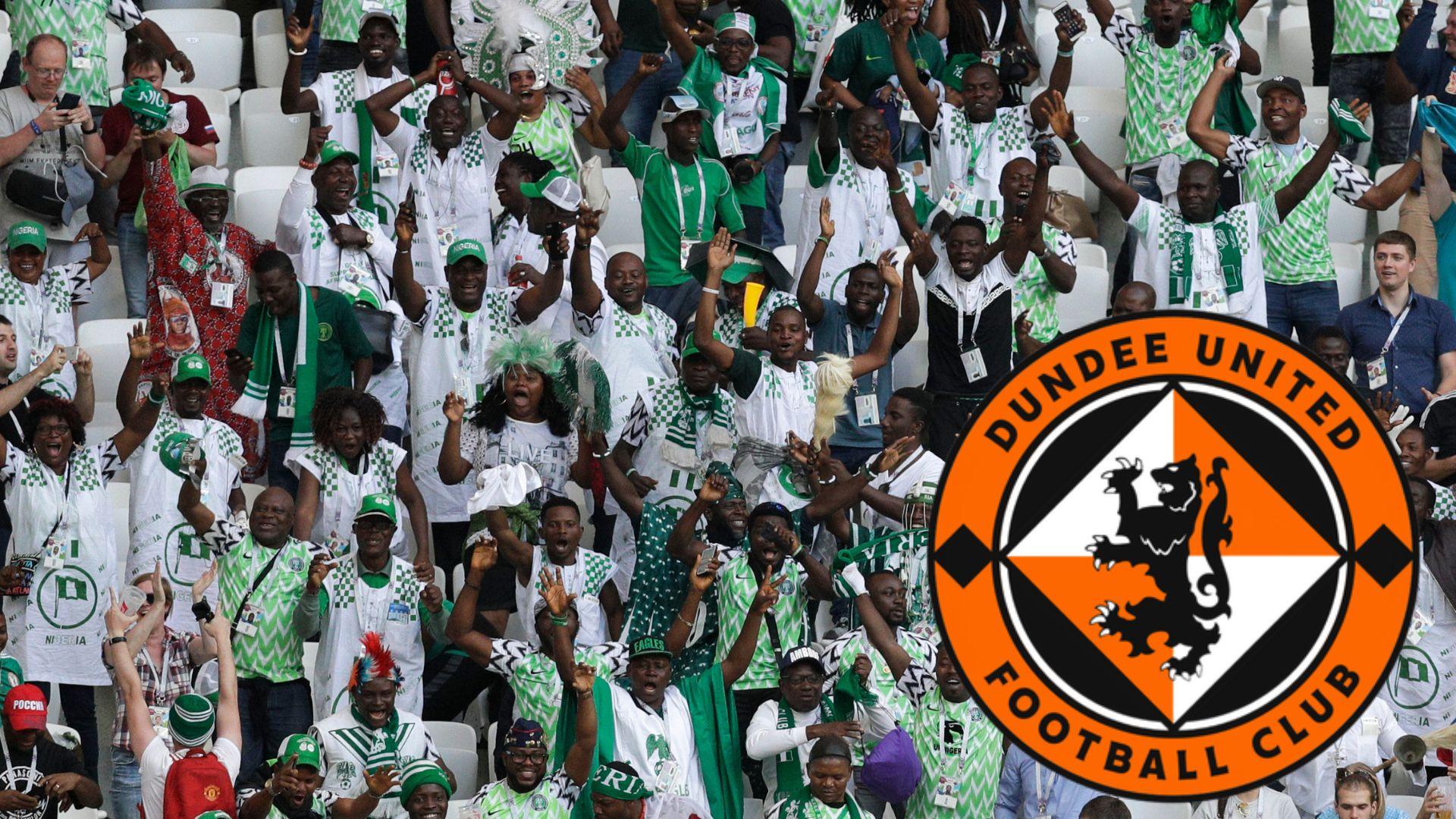A Dundee United flag superimposed in front of Nigeria fans