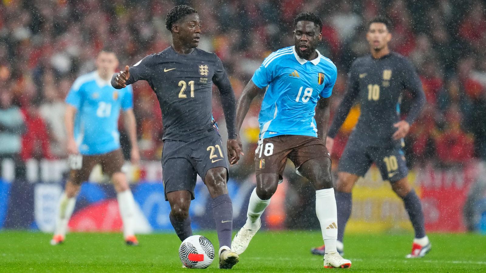 Kobbie Mainoo plays for England against Belgium