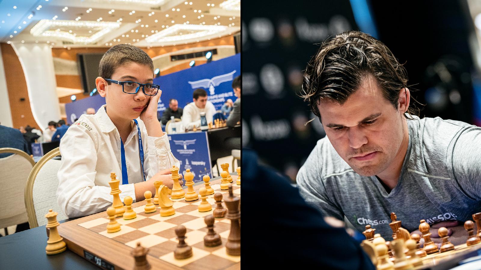 Magnus Carlsen and Faustino Oro in split image