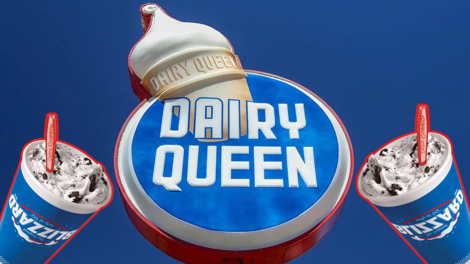 dairy queen sign with two blizzard drinks