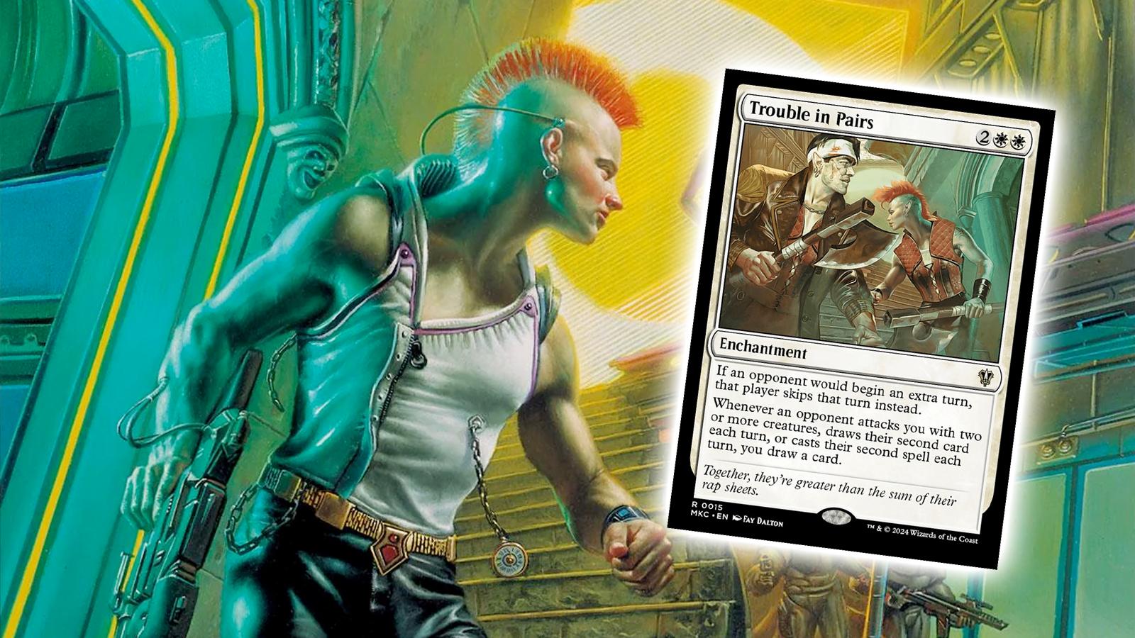 mtg card trouble in pairs overlayed on top of the original cyberpunk art that the artist is claiming was stolen from