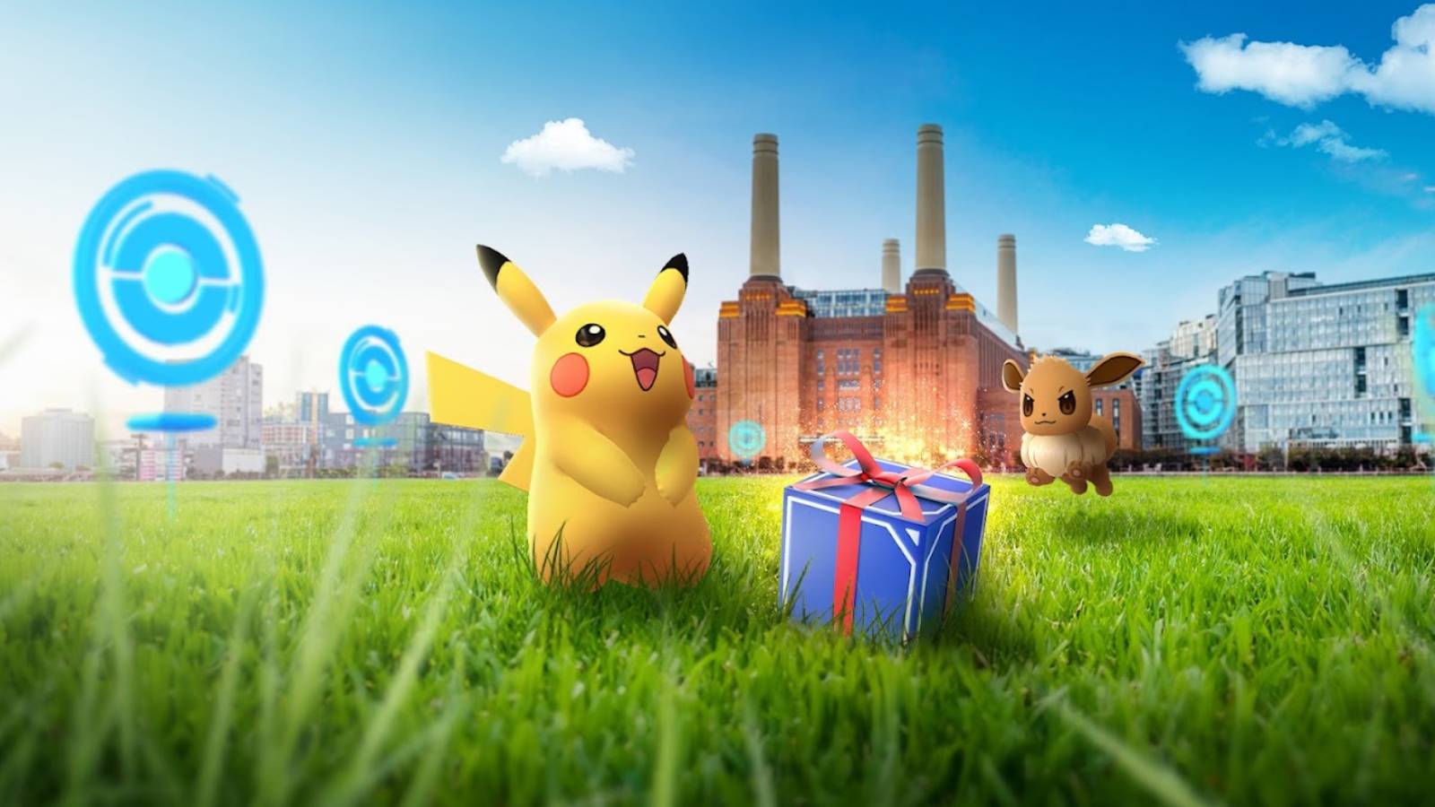 Pikachu and Eevee stand in a field in London