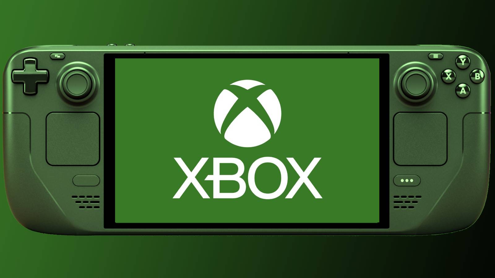 Image of the Xbox logo on the screen of a green handheld, with a green and black background.