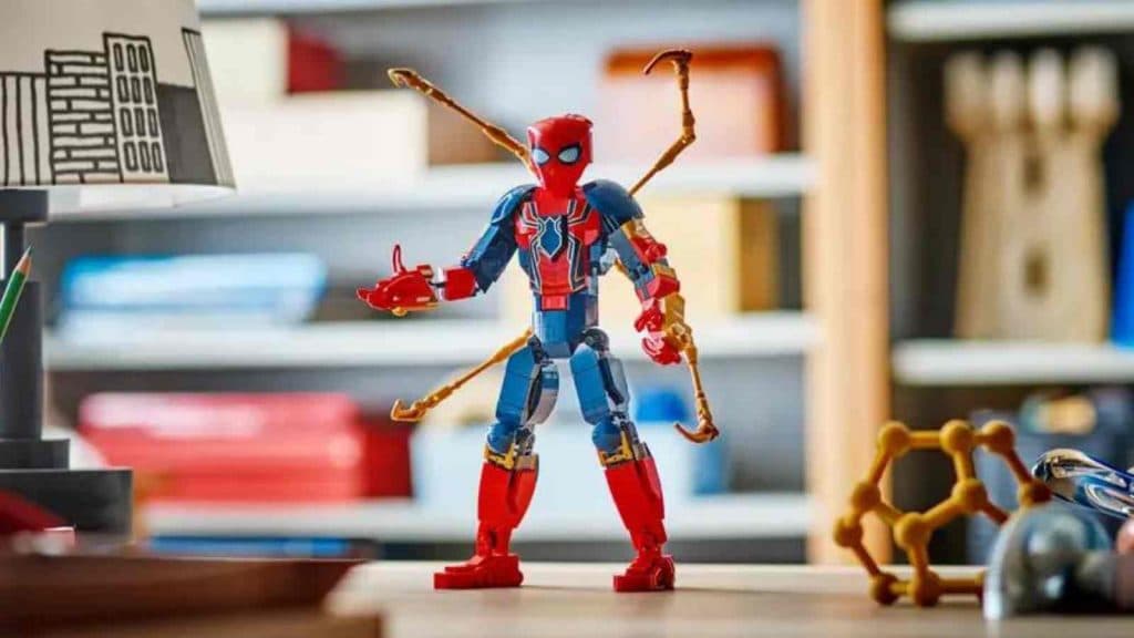 The LEGO Marvel Iron Spider-Man Construction Figure on display