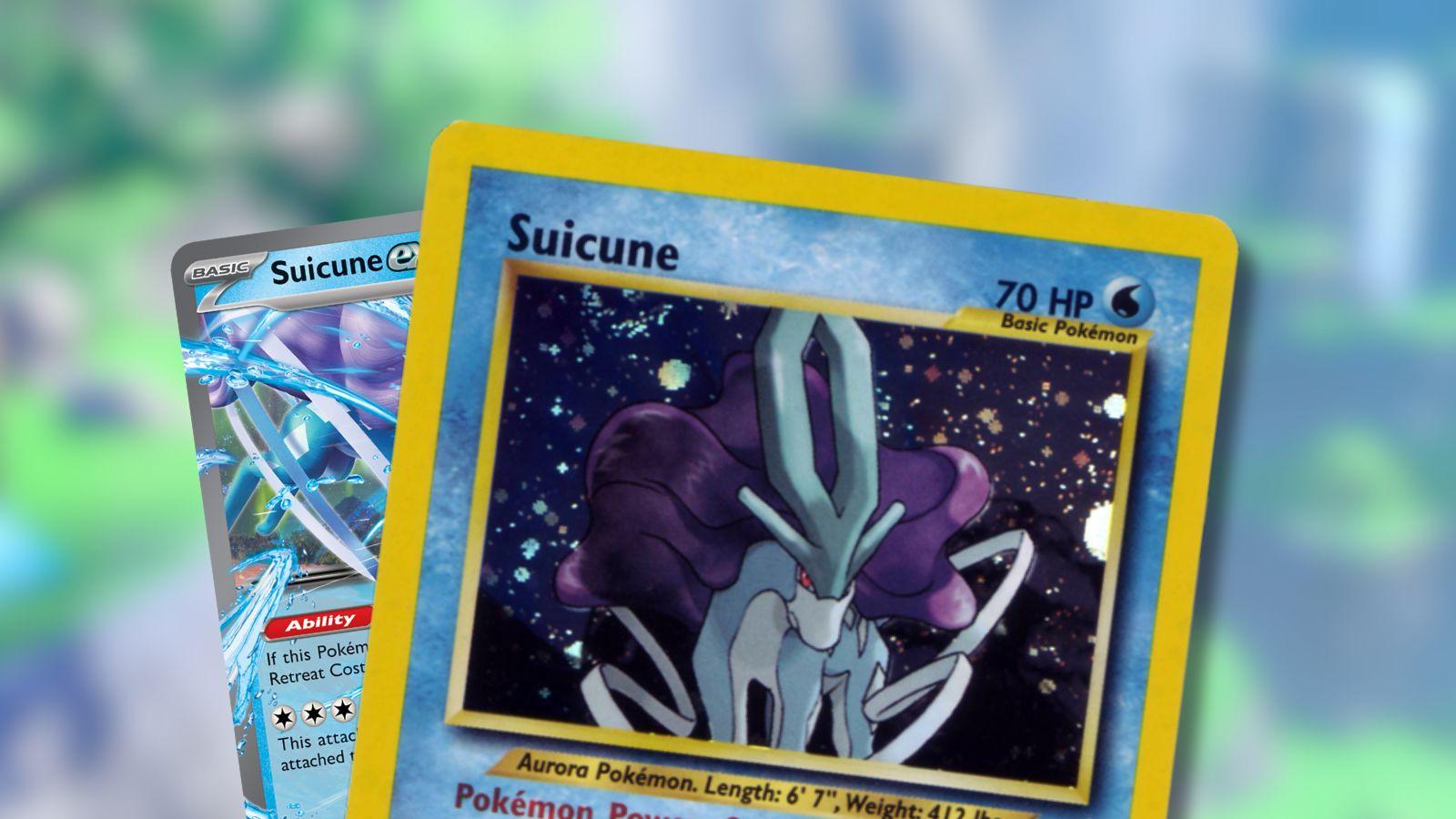 Suicune Pokemon cards with video game background.