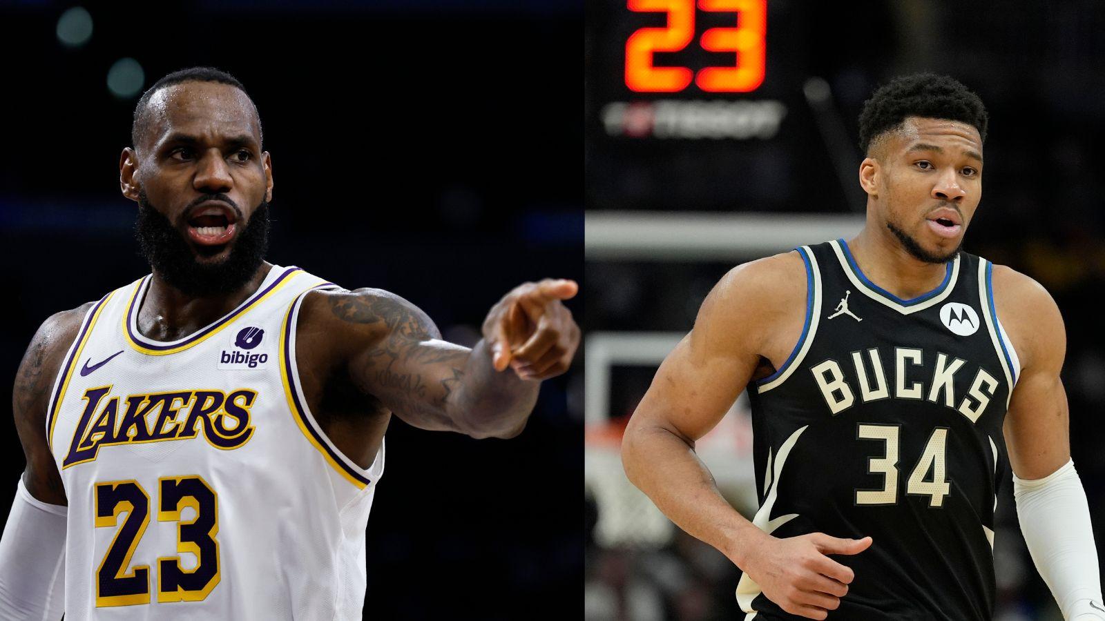 LeBron James as a member of the Los Angeles Lakers (left) and Giannis Antetokounmpo as a member of the Milwaukee Bucks (right).