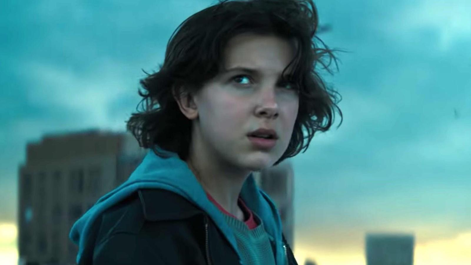 Millie Bobby Brown looking concerned in Godzilla: King of the Monsters.