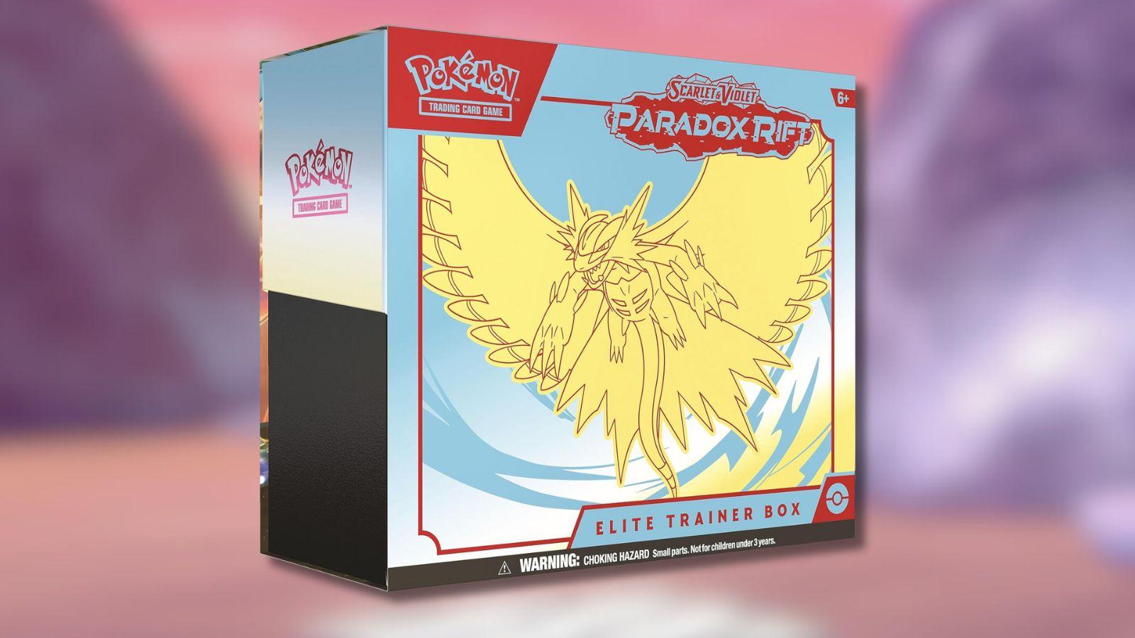 Pokemon Paradox Rift ETB with game background.