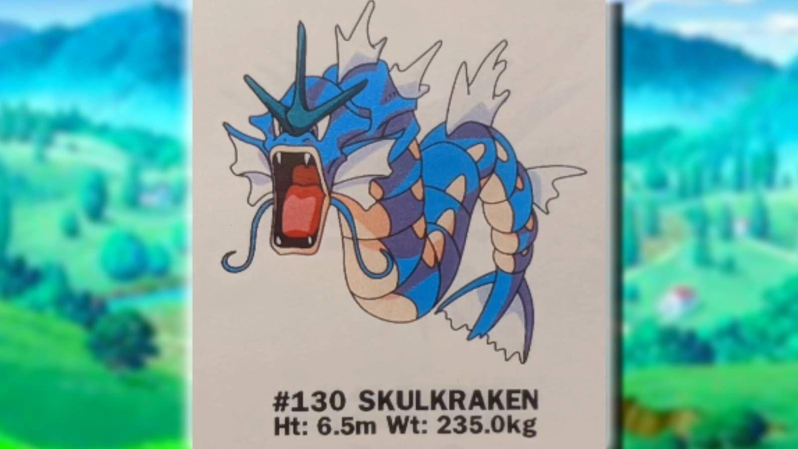 Skulkraken Gyarados with Pokemon background.