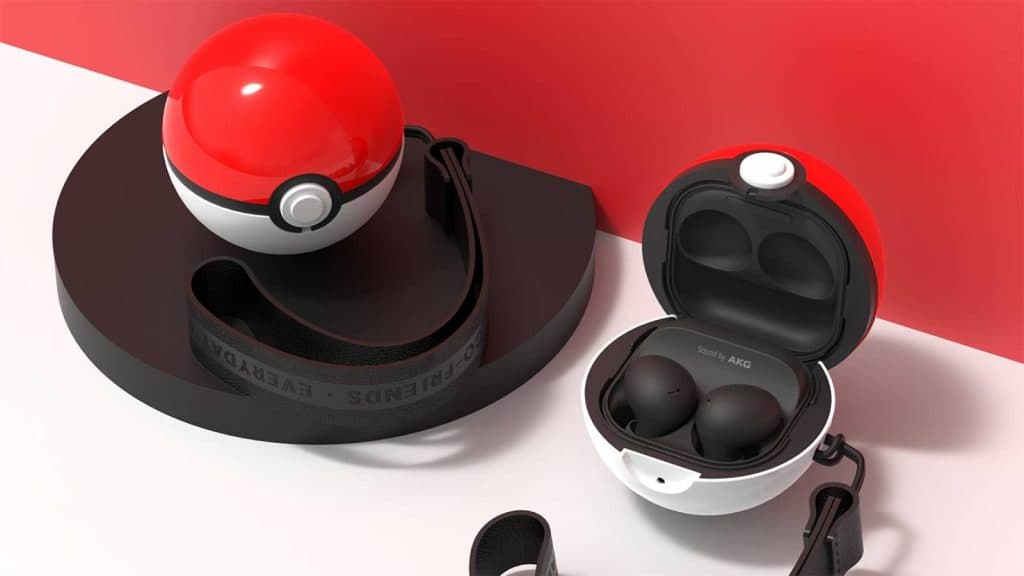 a Samsung Galaxy Buds 2 case is shown in the shape of a Poke Ball