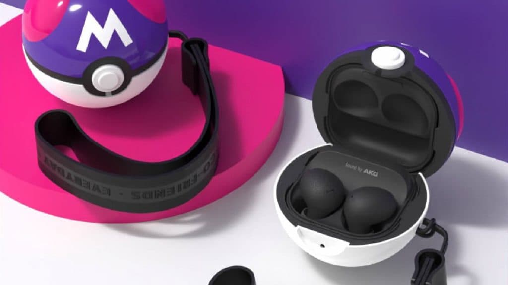 a Samsung Galaxy Buds 2 case is shown in the shape of a Poke Ball