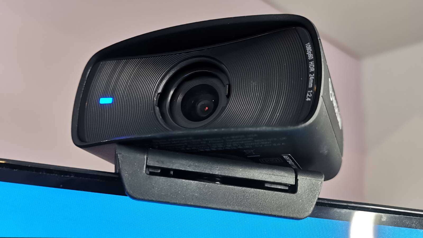 Photo of the Elgato Facecam MK.2 sitting on top of a black monitor.