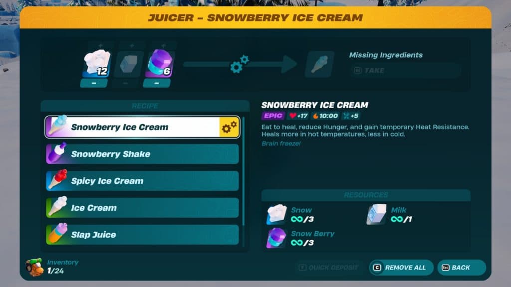 Snowberry Ice Cream recipe in LEGO Fortnite