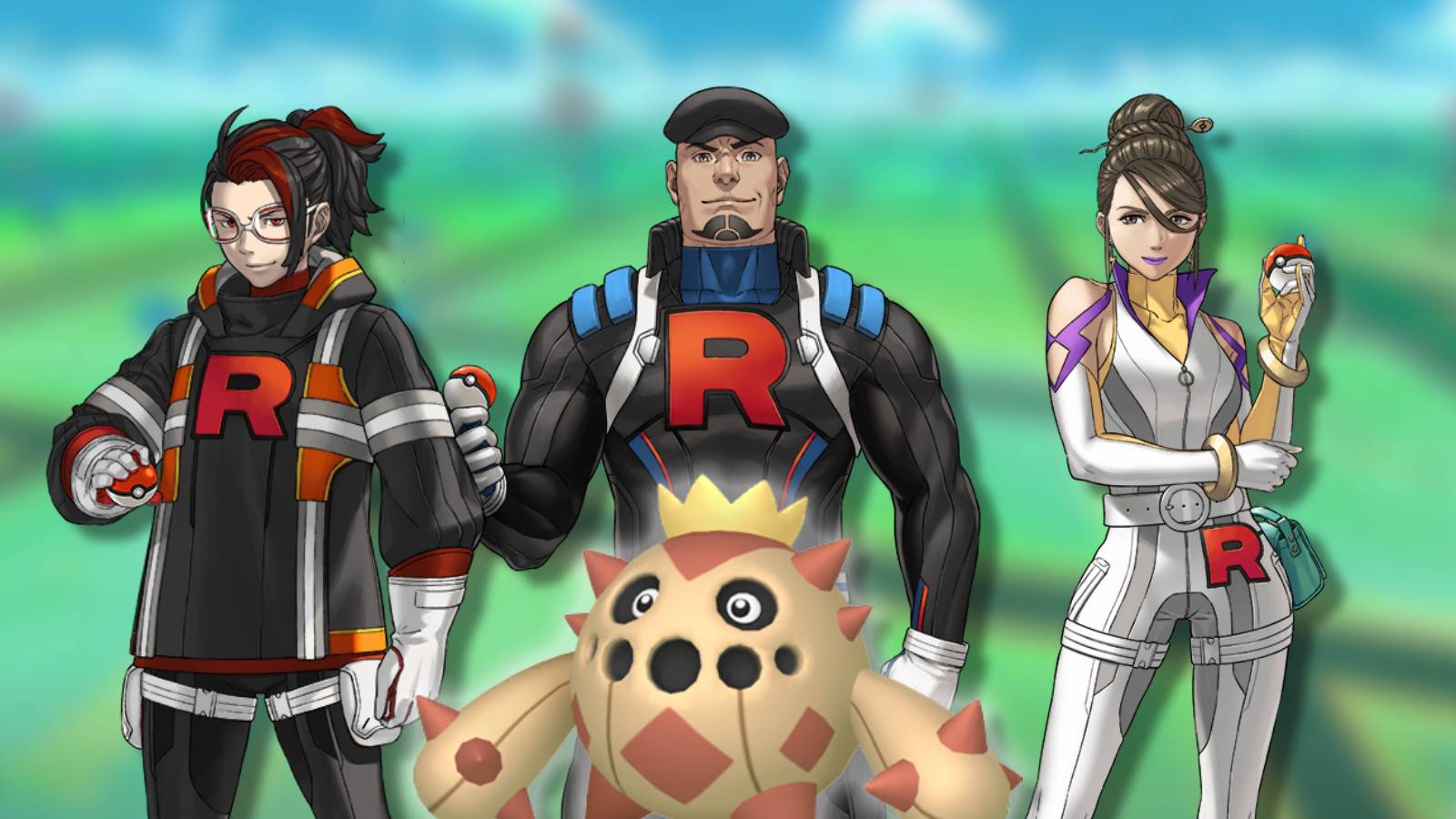 The Pokemon Go Team Rocket bosses appear against a blurred backgroun, with a Shiny Cacnea - the cactus Pokemon - in the foreground
