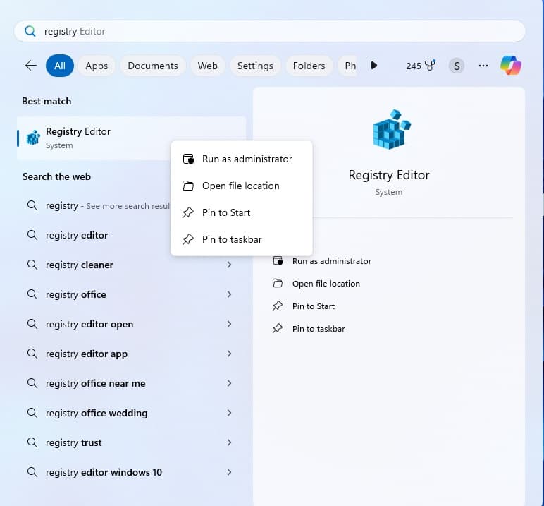 Windows 11 image with run as admin on registry editor app