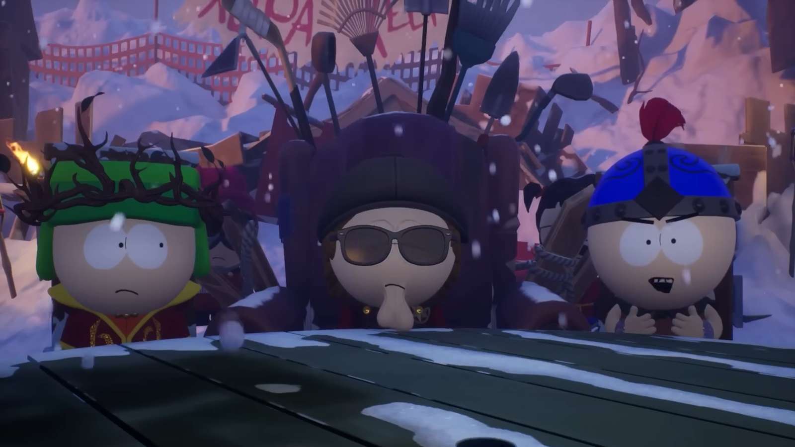 south park snow day screenshot with 3 characters