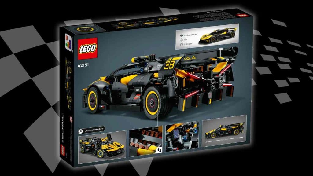 The LEGO Technic Bugatti Bolide on a black background with racing flag graphic