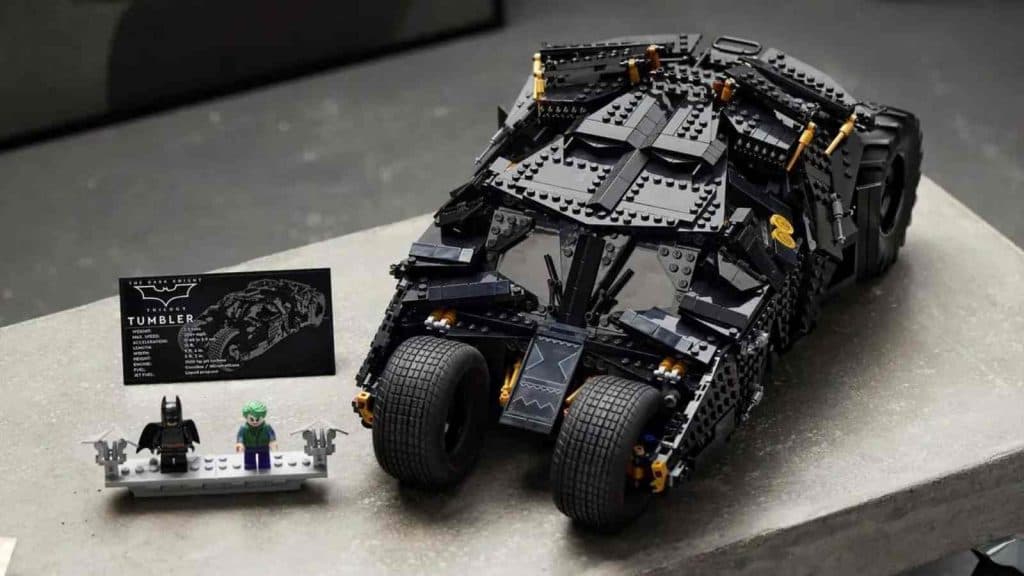 The LEGO DC Batmobile Tumbler on display