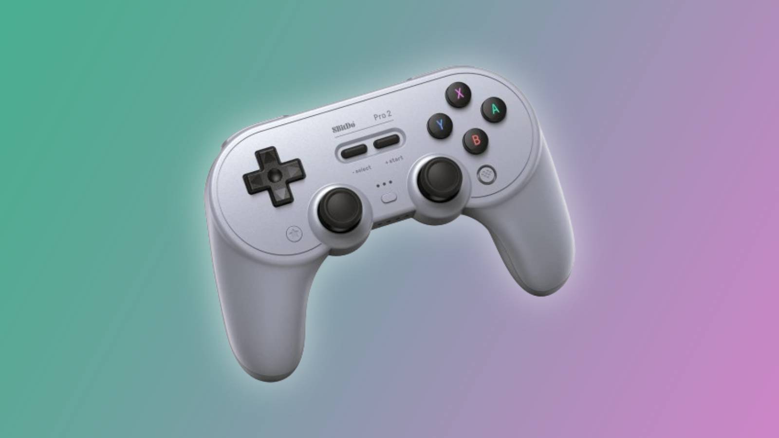 Image of the 8BitDo Pro 2 controller on a green and pink background.