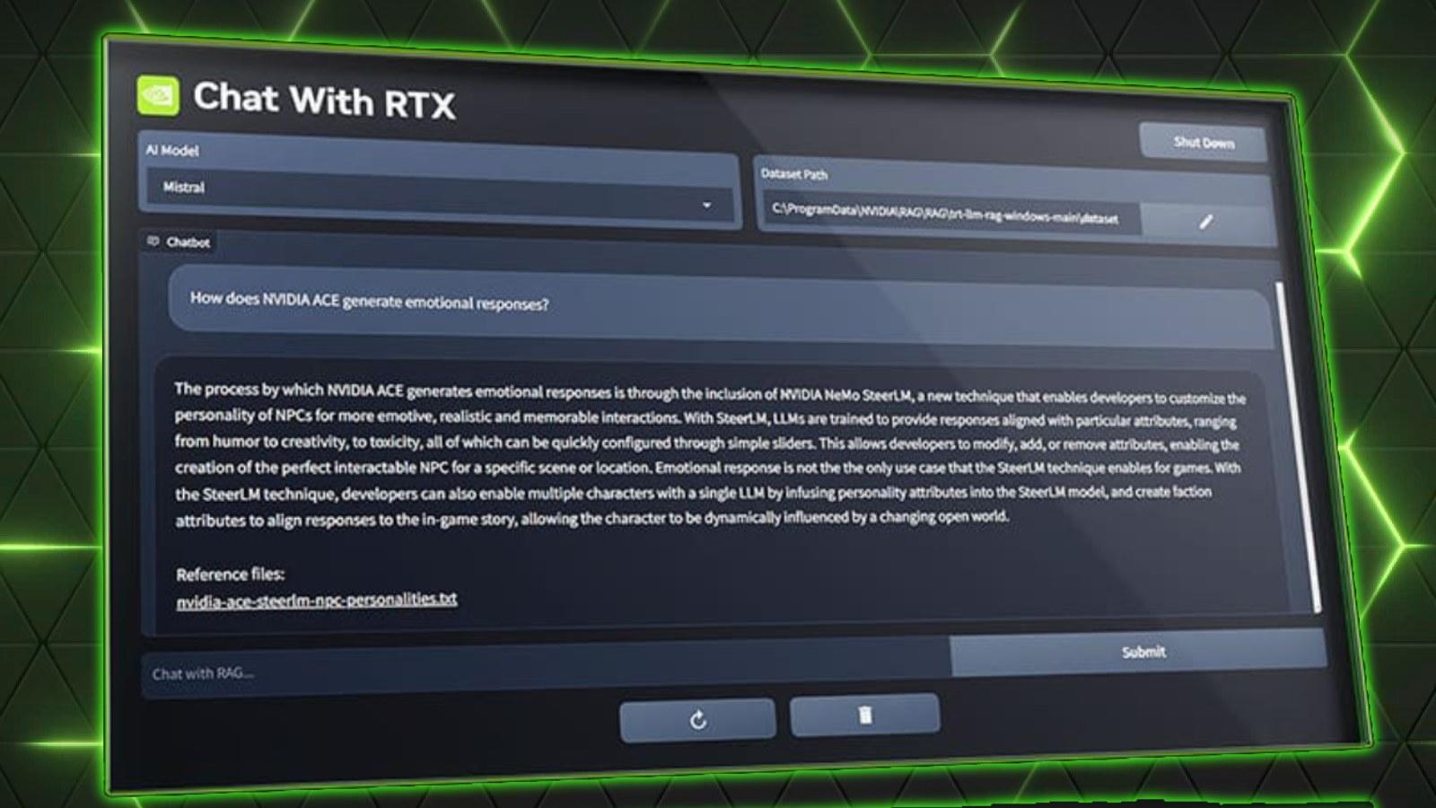 ChatRTX app on a dark green background with a hex pattern