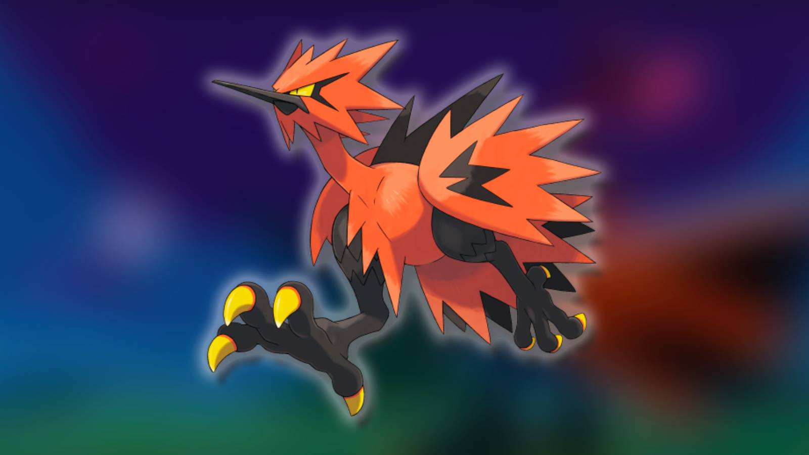 The Pokemon Galarian Zapdos appears against a blurred background