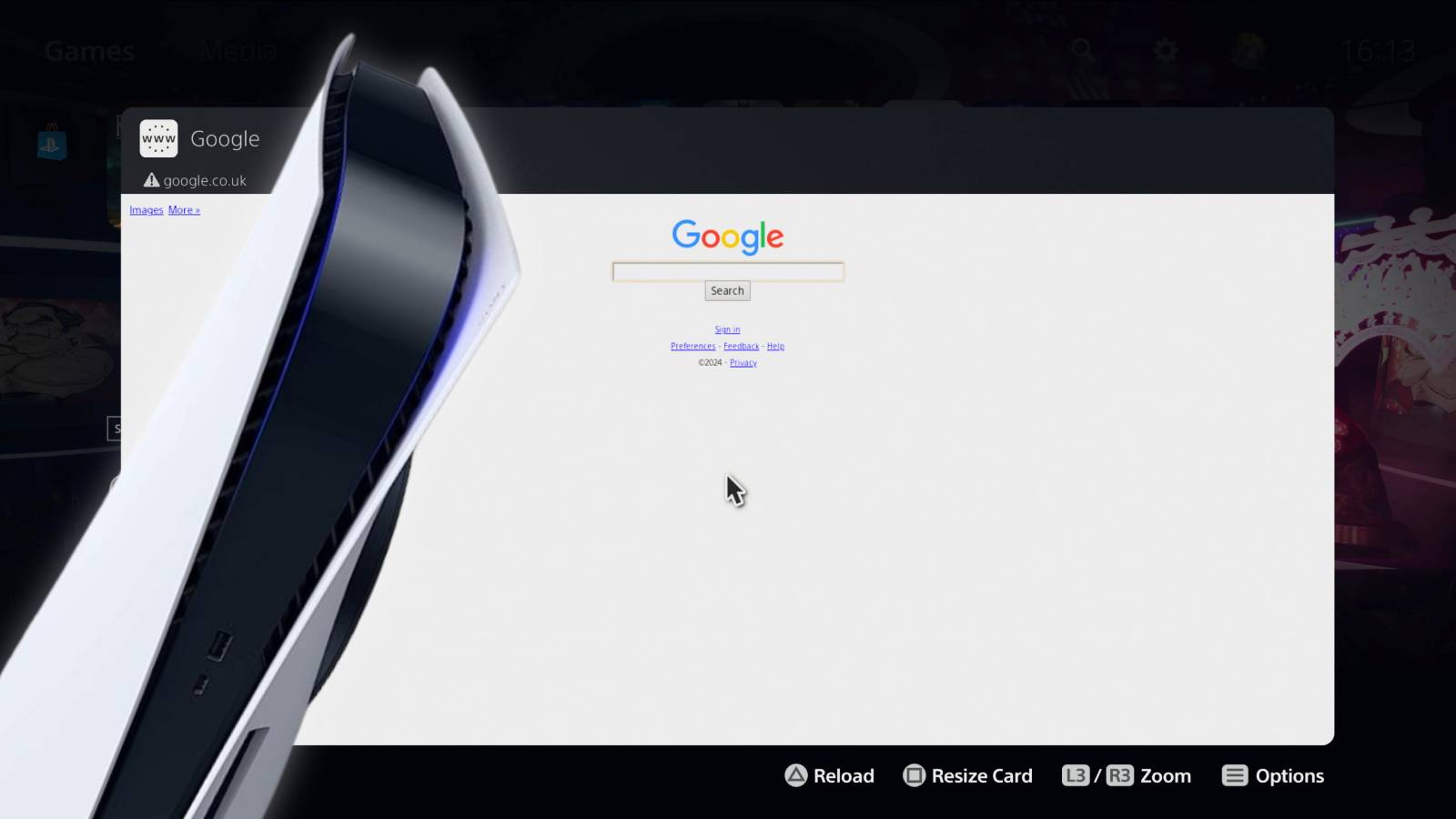 Image of a PS5 in front of a screenshot of the PS5 web browser.