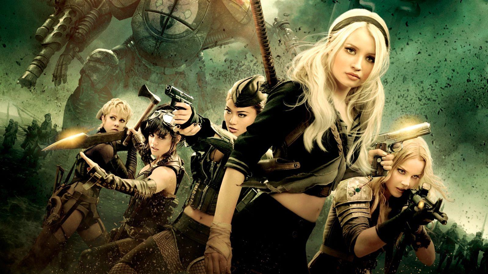The cast of Sucker Punch in the movie's main poster. They stand in the fantasy world with weapons drawn.