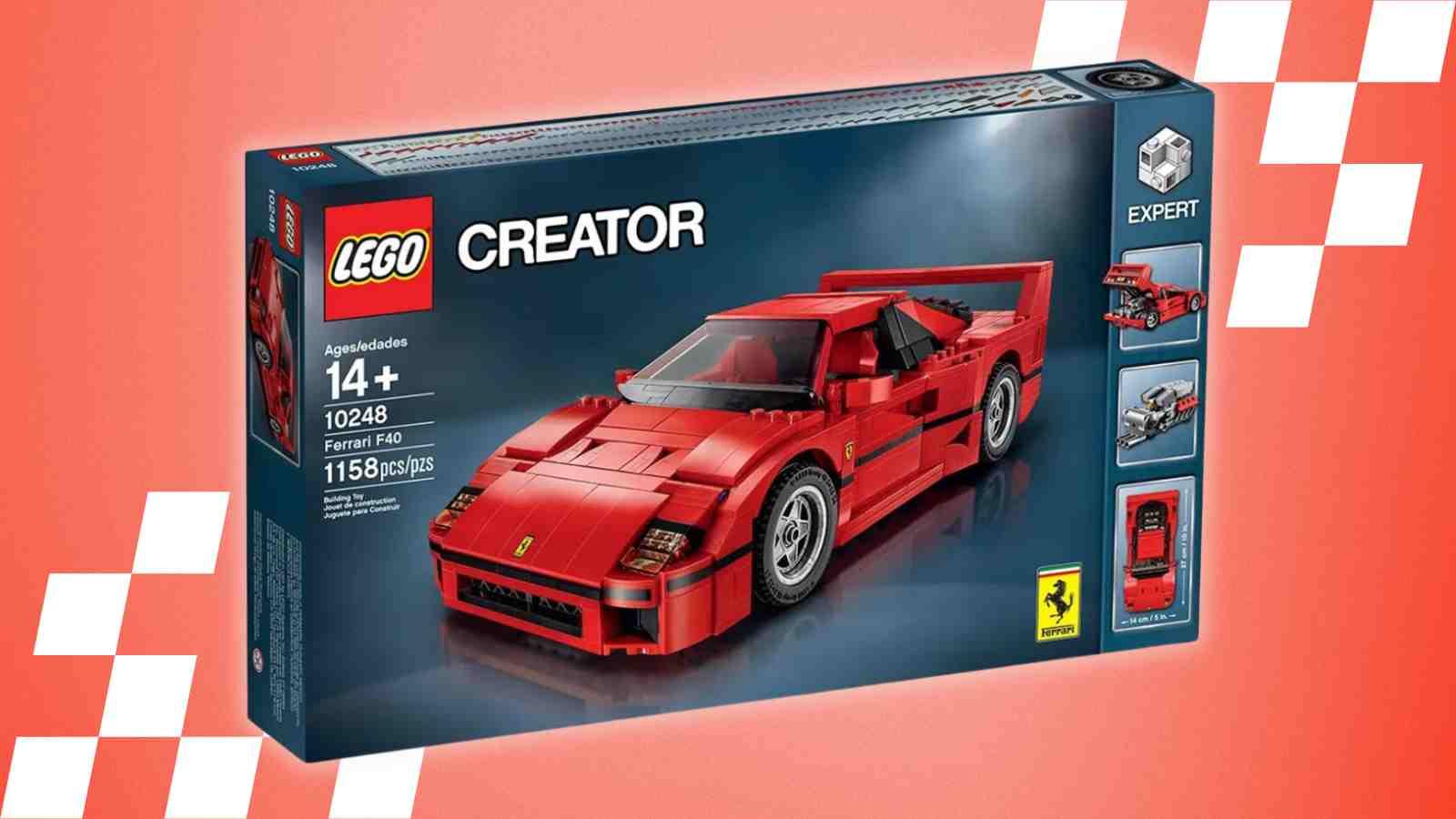 The LEGO Ferrari F40 on a red background with racing graphics