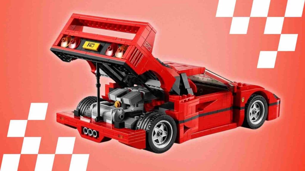 The rear of the LEGO Ferrari F40 on a red background with racing graphics