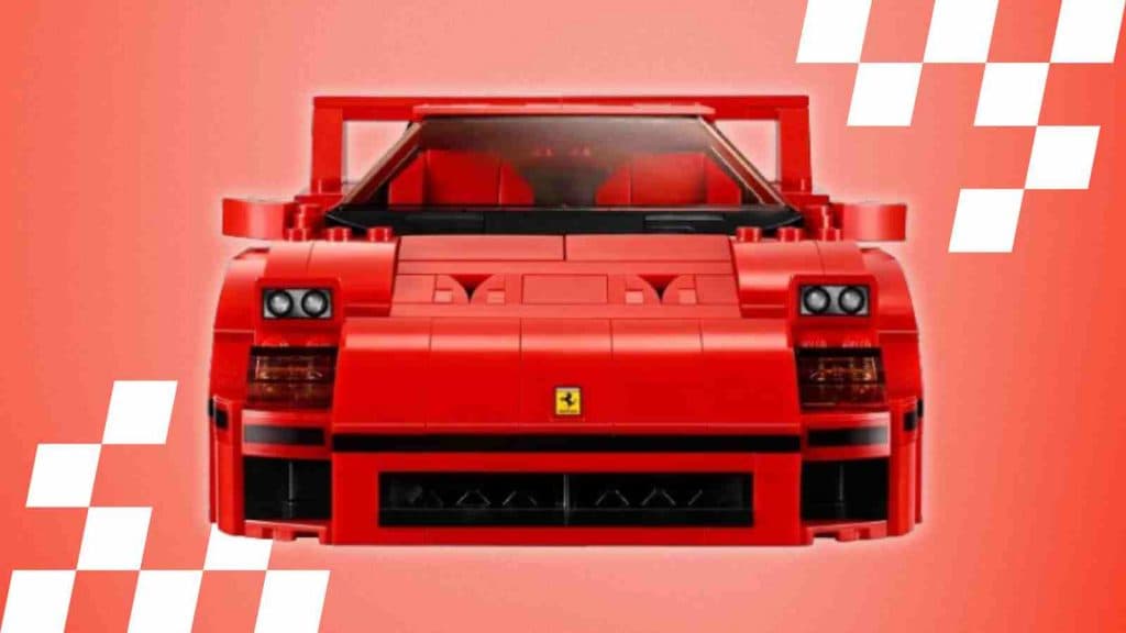 The front of the LEGO Ferrari F40 on a red background with white racing graphics