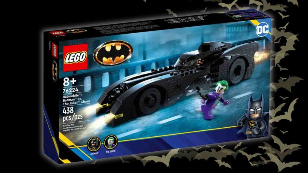 The LEGO Batman Batmobile: Batman vs. The Joker Chase on a black background with bat graphics