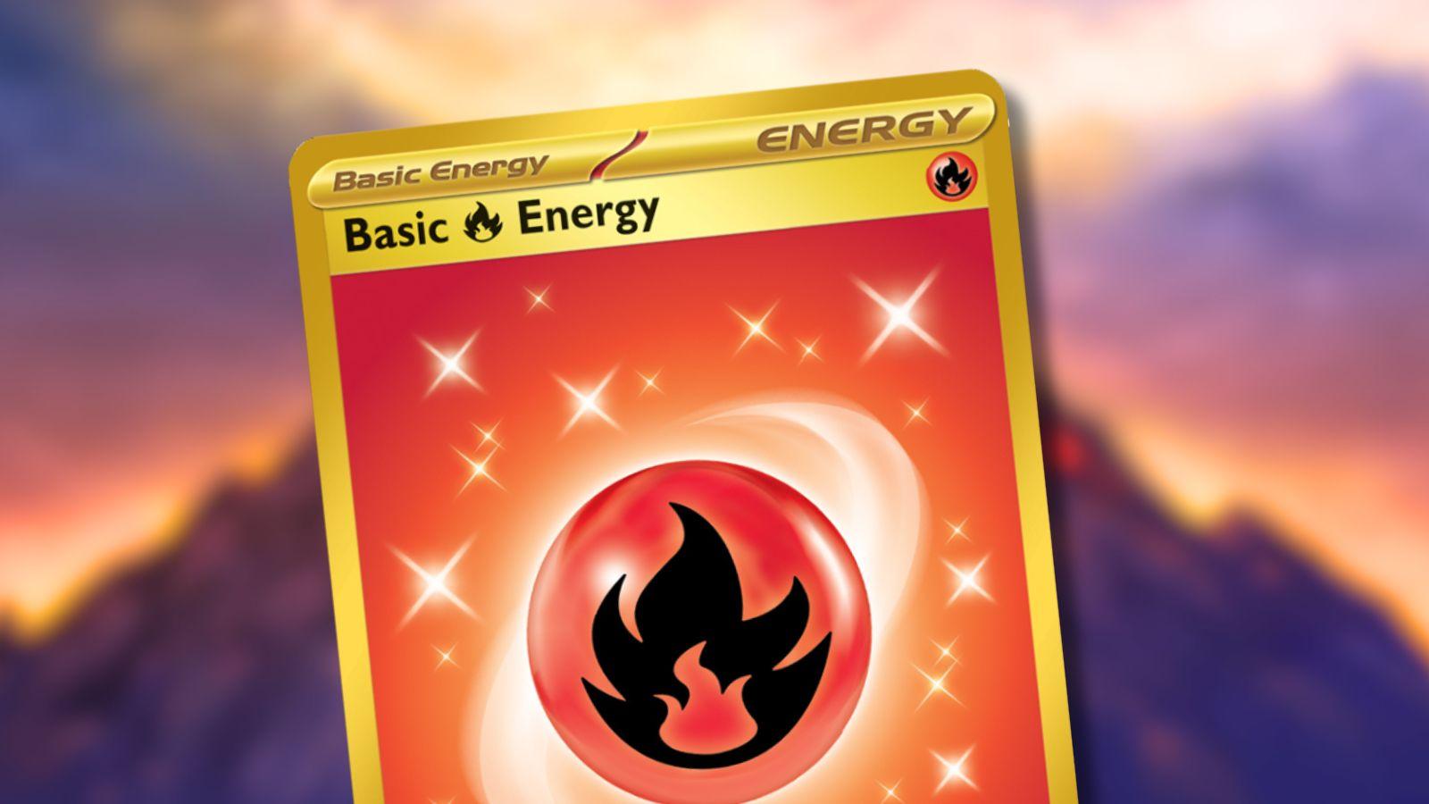 Fire Energy Pokemon card against volcano background.