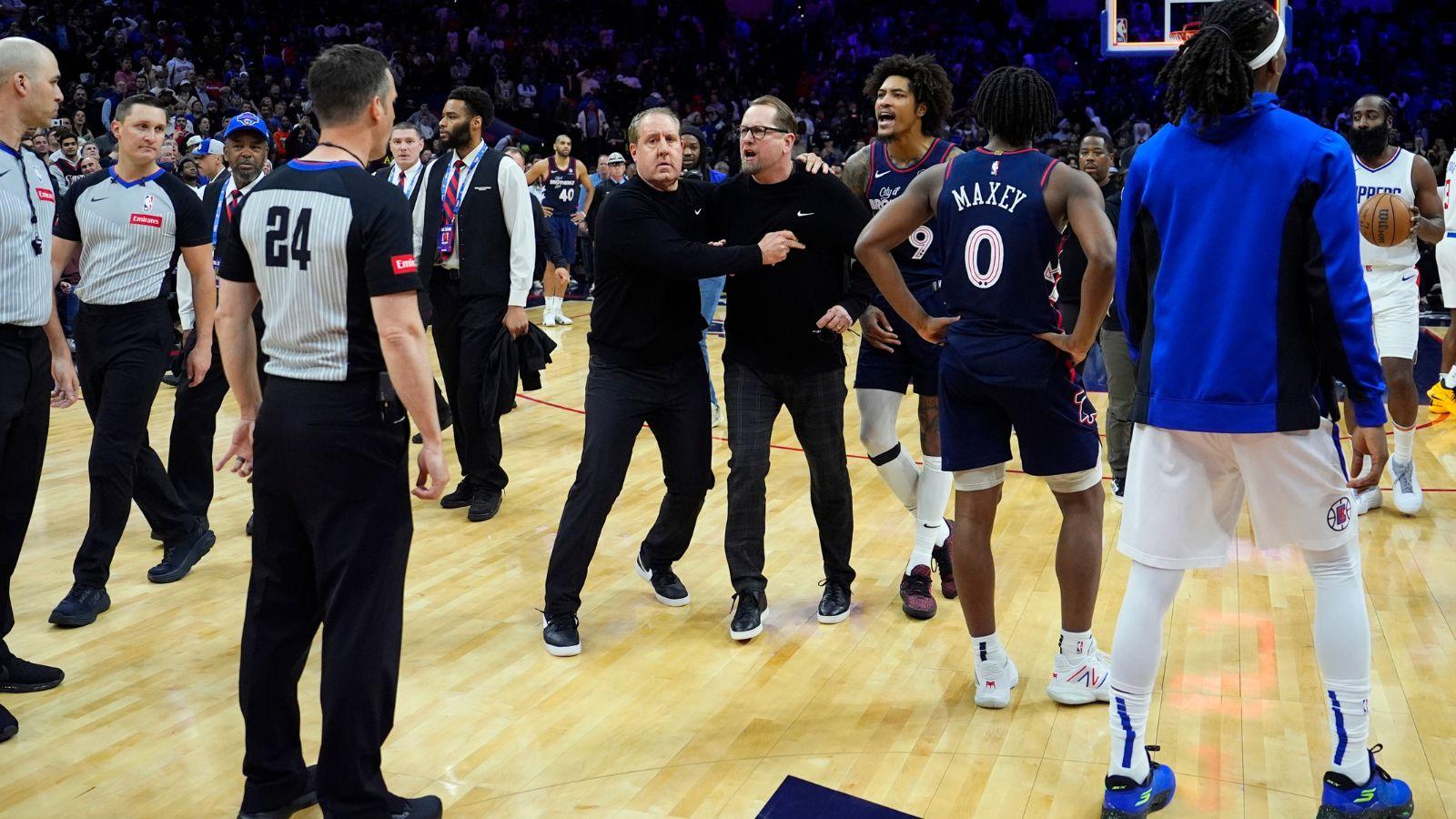 Kelly Oubre and Nick Nurse (center) being restrained after a controversial no-call at the end of the Philadelphia 76ers 108-107 loss to the Los Angeles Clipers on 3/29/2024.