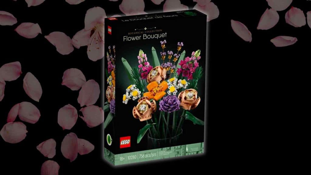 The LEGO Flower Bouquet on a black background with petal grahic
