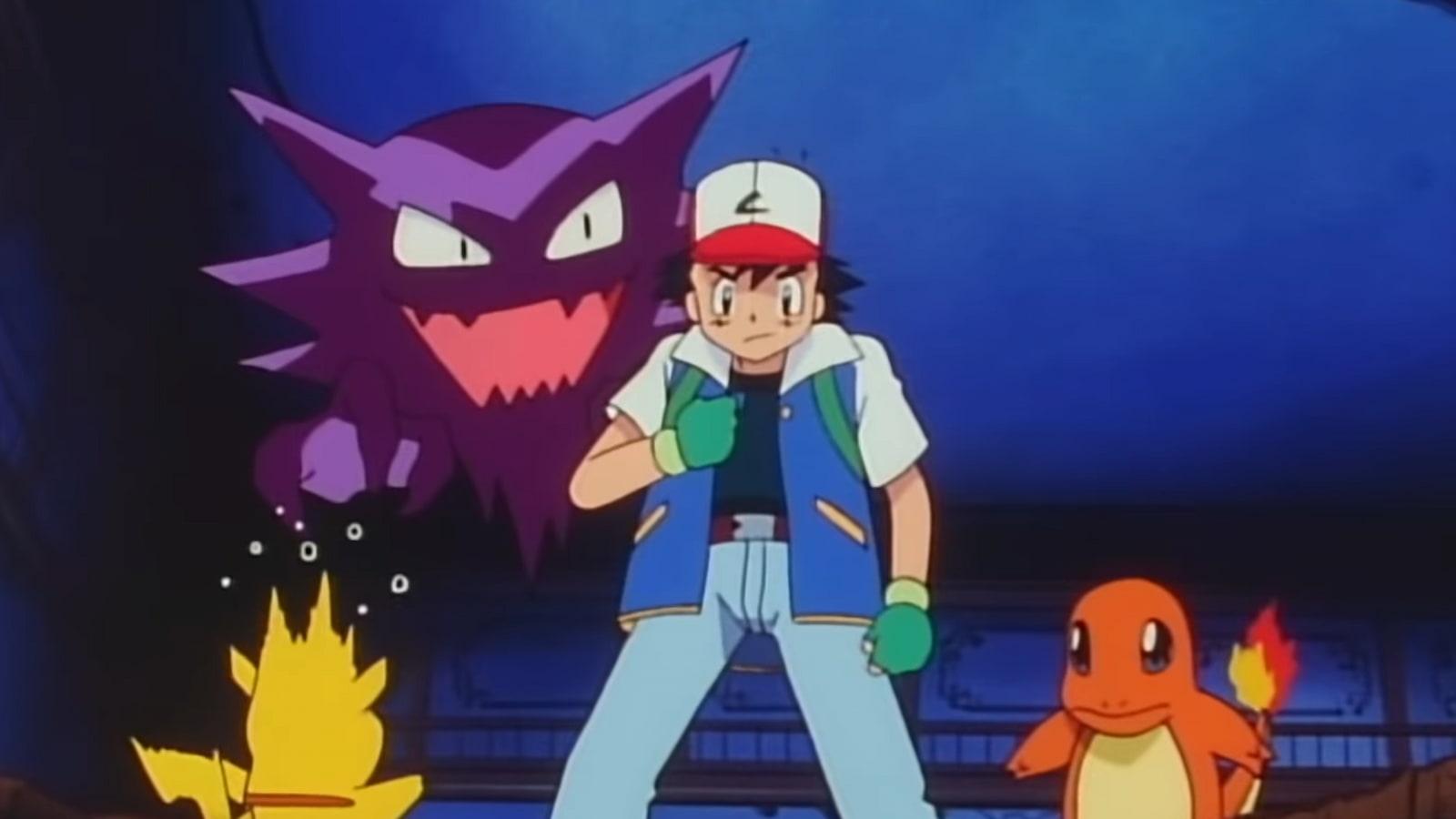 Haunter following Ash, Pikachu, and Charmander in the Pokemon anime