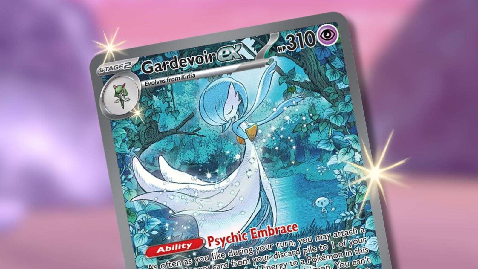 Gardevoir from Pokemon TCG with game background.