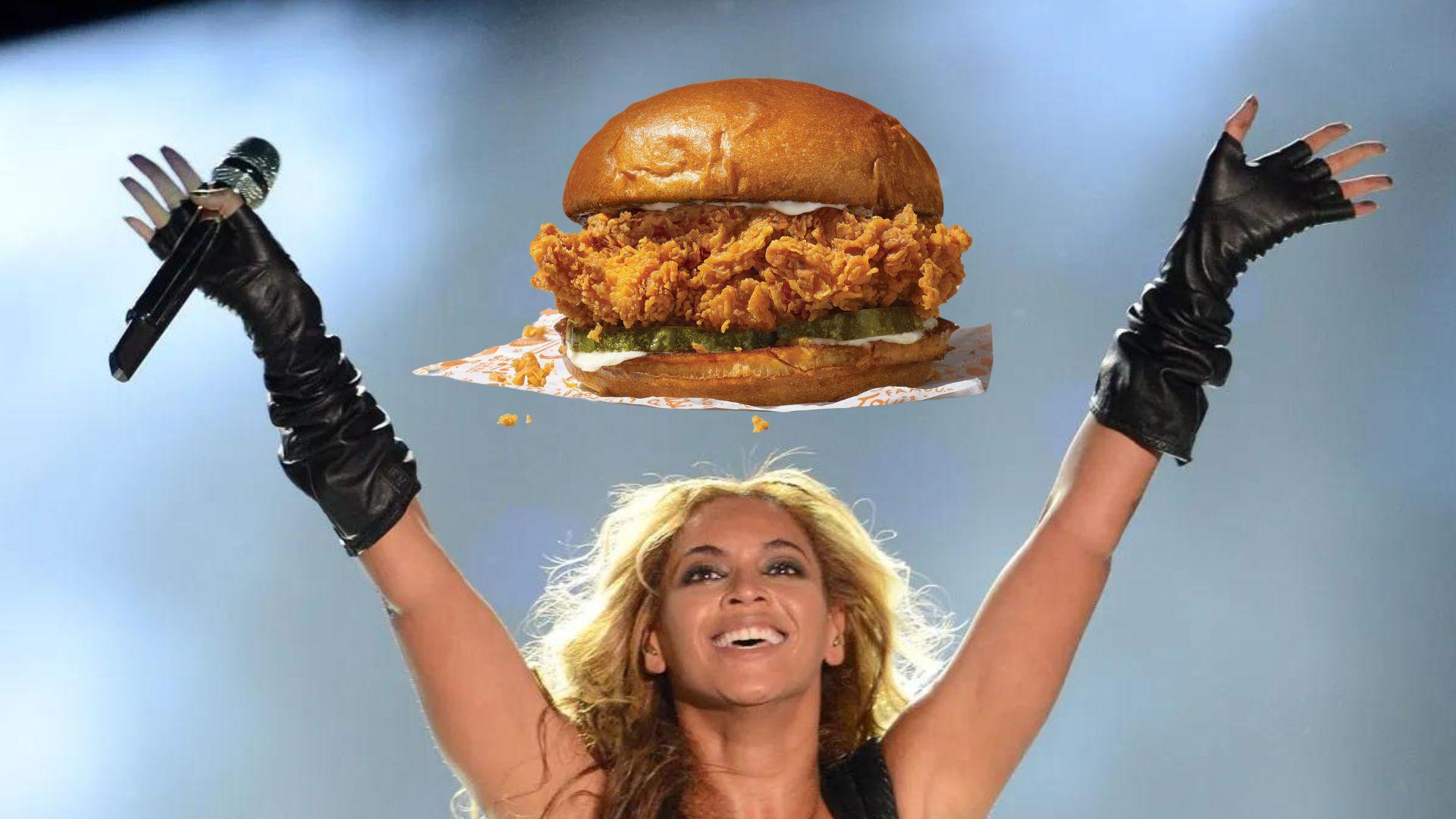 Beyonce with a chicken burger