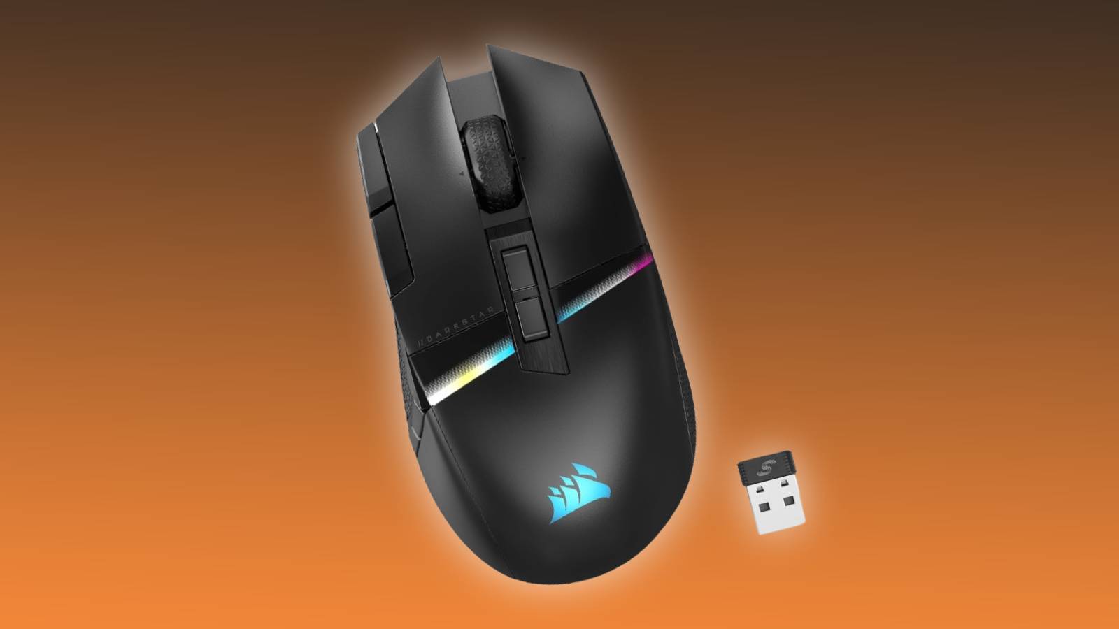 Image of the Corsair DARKSTAR MMO mouse on an orange and black background.