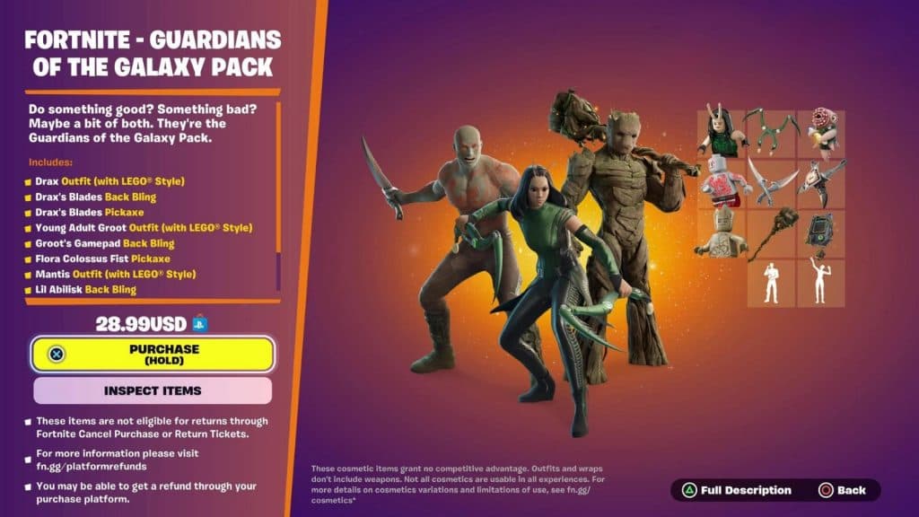 Guardians of the Galaxy pack page on store