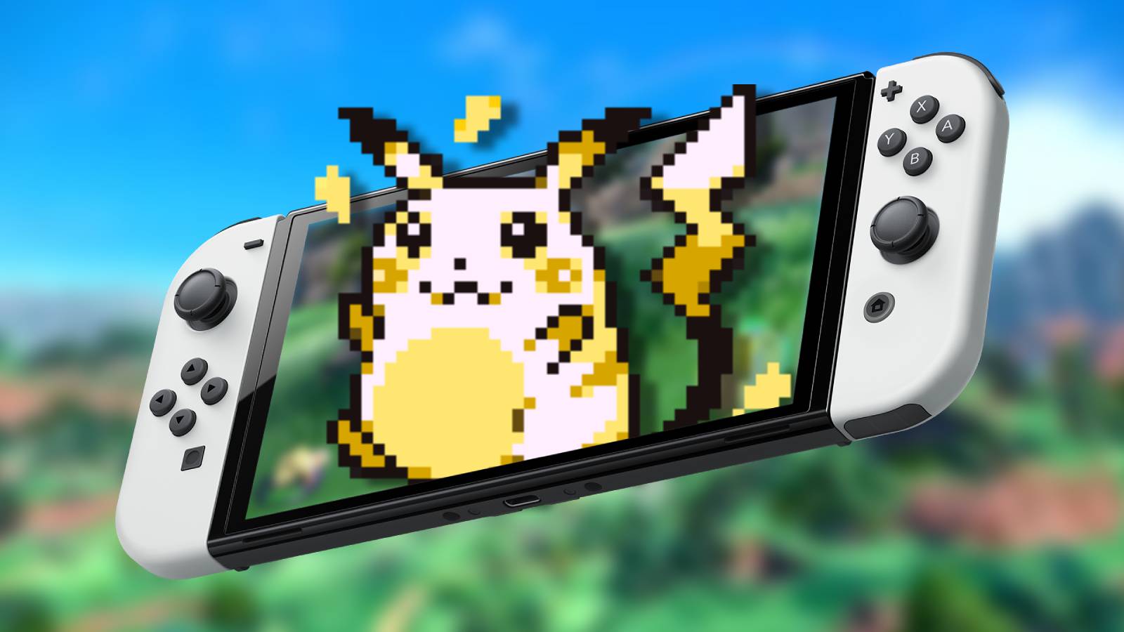 A pixelated version of the classic Pokemon Pikachu appears to be coming out of a Nintendo Switch OLED