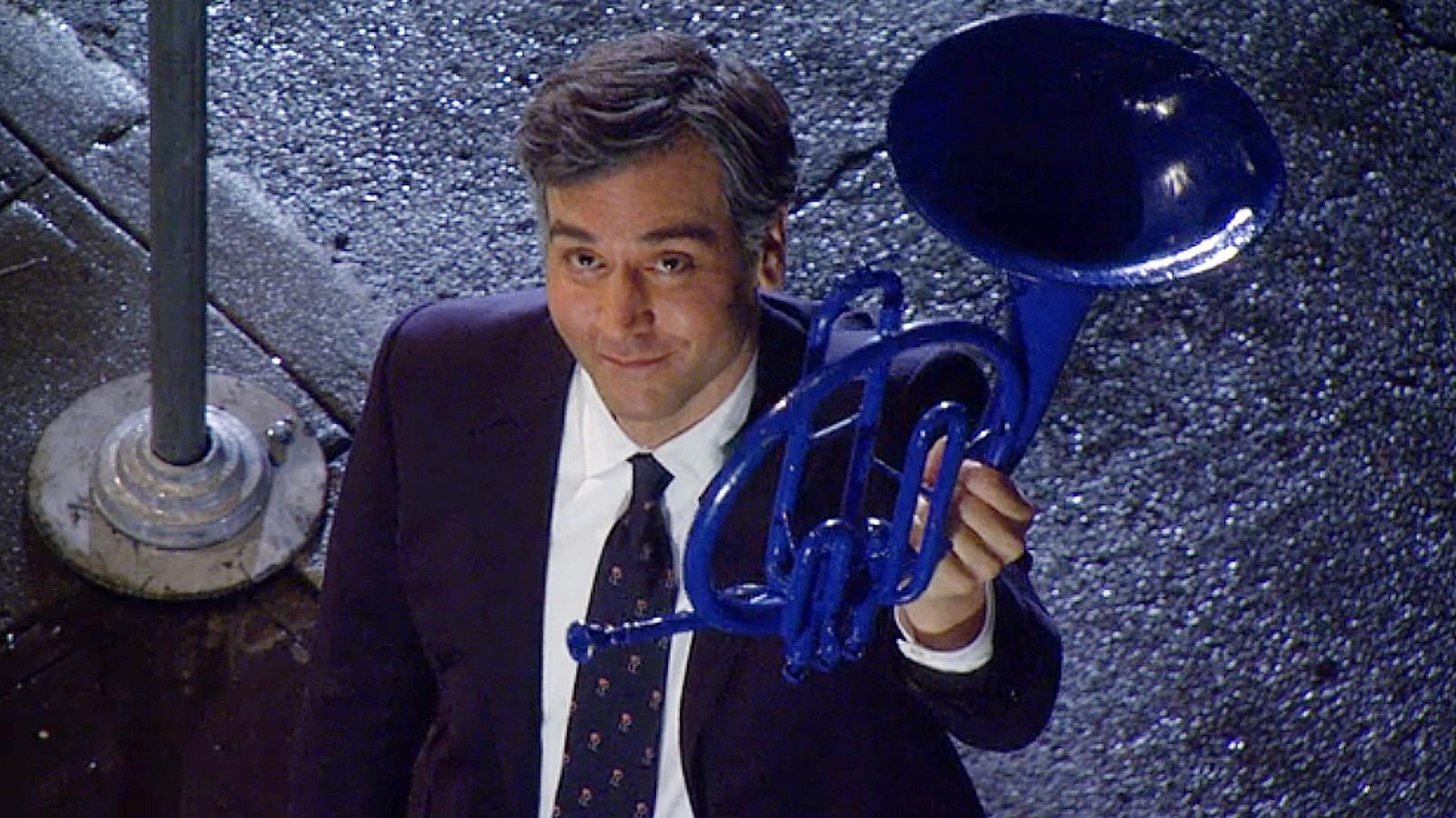 Ted holding the blue french horn at the end of How I Met Your Mother