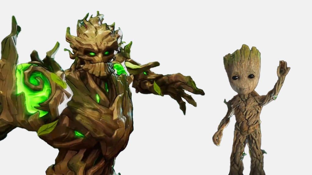 The Groot skin from Marvel Rivals next to Baby Groot from the Guardians of the Galaxy movies