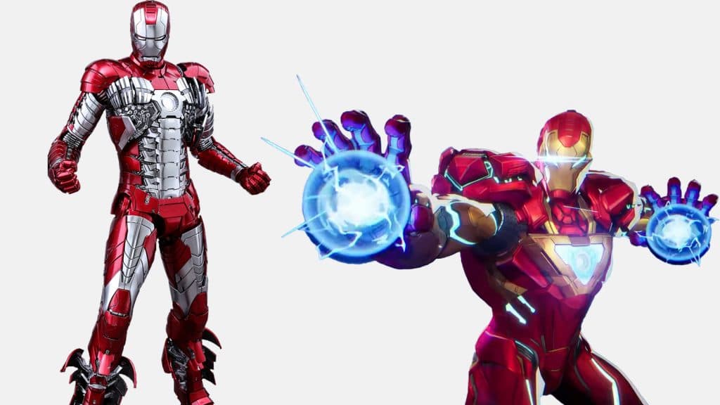 The Iron Man skin from Marvel Rivals next to the Mark V suit from Iron Man 2