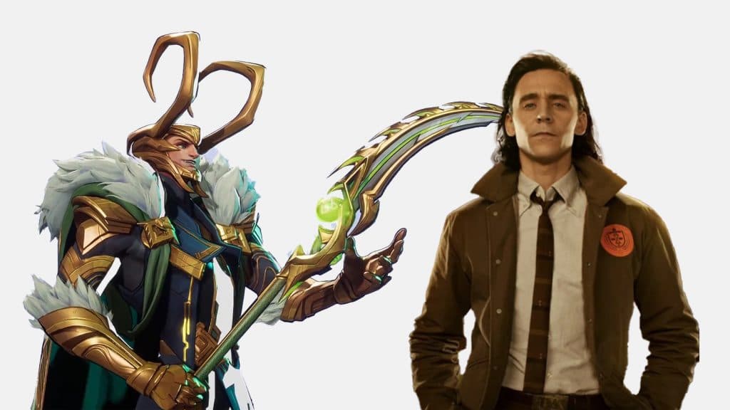 The Loki Skin from Marvel Rivals next to a still of Tom Hiddleston wearing the TVA costume from the Loki TV series