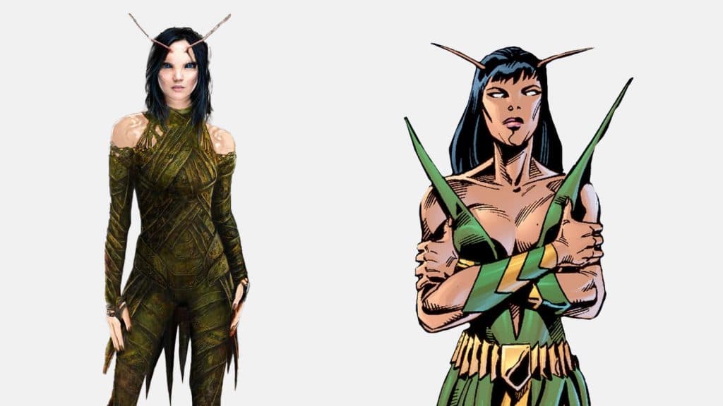 The Mantis A3 costume from Guardians of the Galaxy 2 alongside the original 1970s Mantis costume.