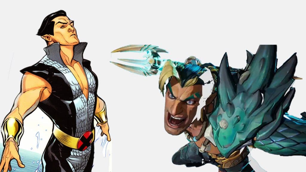 Namor's costume in Marvel Rivals next to his suit in Origins of Marvel Comics: X-Men.