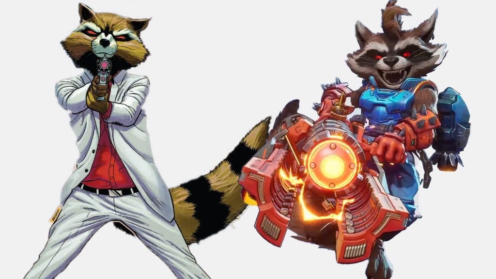 The Rocket Racoon skin in Marvel Rivals next to Rocket Racoon in a white suit from the Guardians of the Galaxy comic's 2020 reboot.